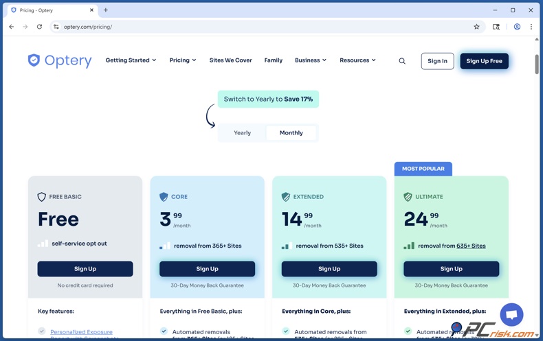 Optery Precios mensuales