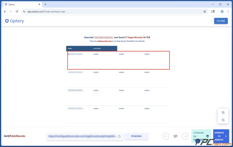 Optery Escaneo de privacidad