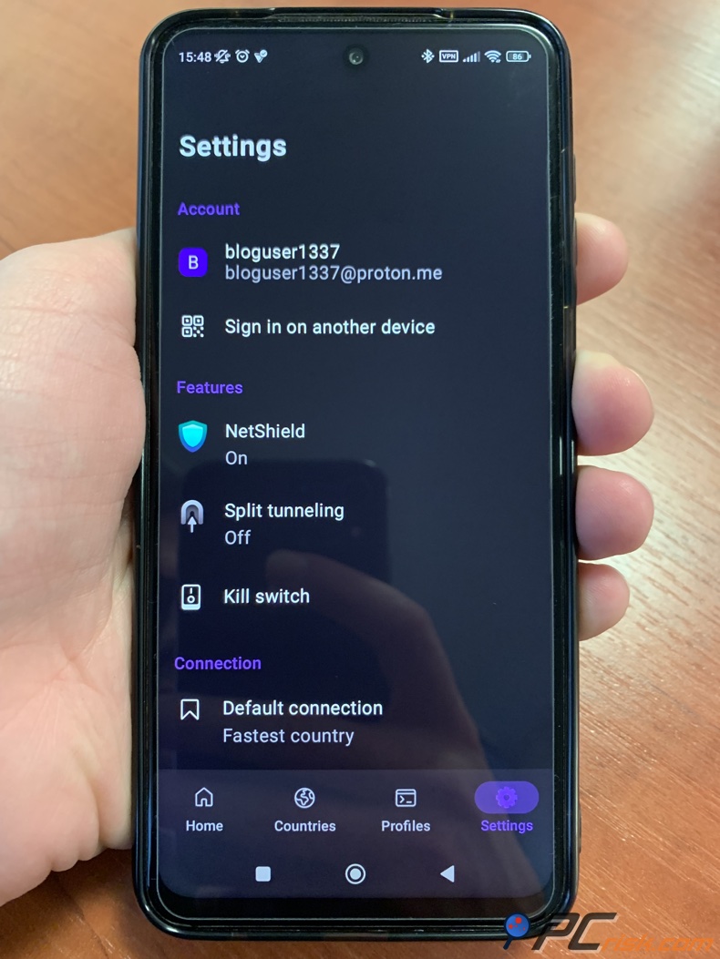 Proton VPN Aplicación para el menú de configuración de Android