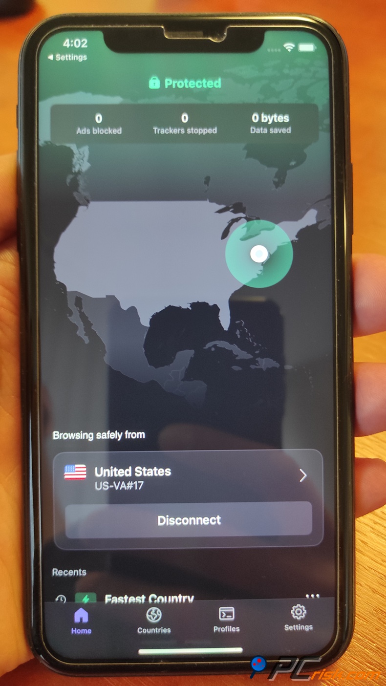 Proton VPN aplicación para el panel de control de iOS