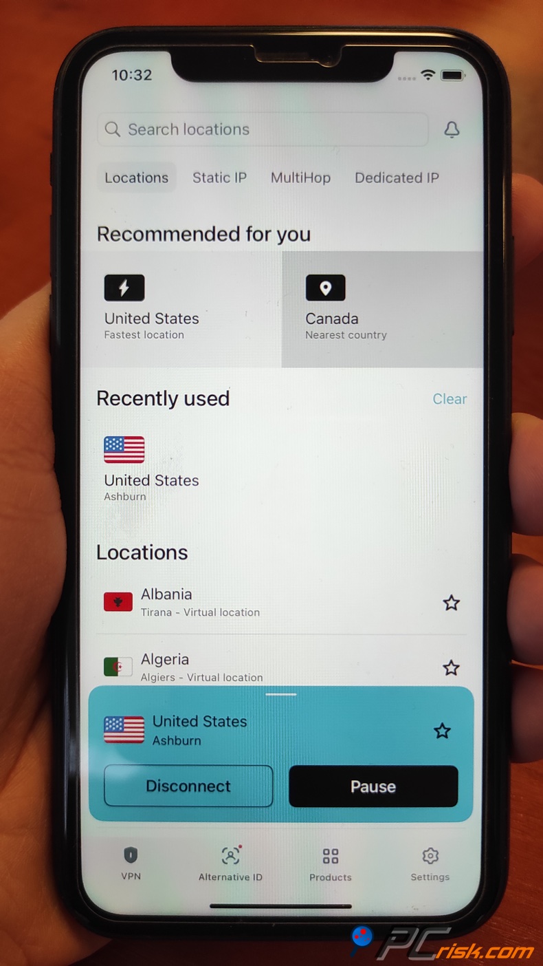 Surfshark para iOS dashboard