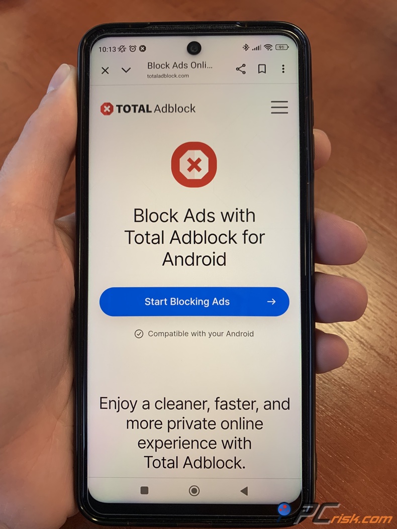 Total Adblock para la página de descarga de Android