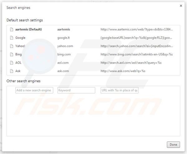 Eliminar Aartemis de la configuración del motor de búsqueda por defecto de Google Chrome