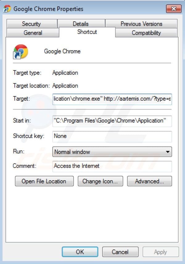 Eliminar Aartemis del destino del acceso directo de Google Chrome