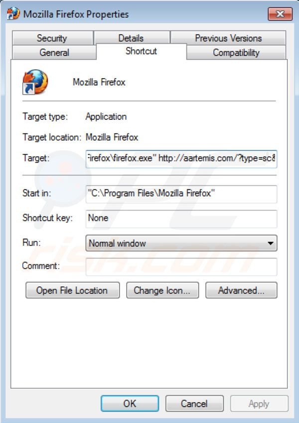 Eliminar Aartemis del destino del acceso directo de Mozilla Firefox