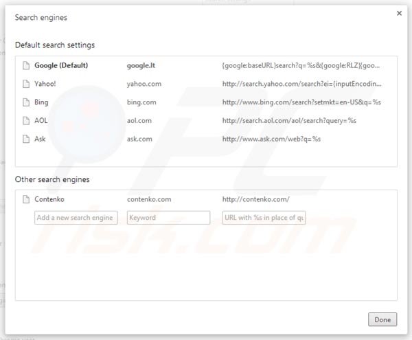 Eliminando contenko.com de la configuración del motor de búsqueda por defecto de Google Chrome