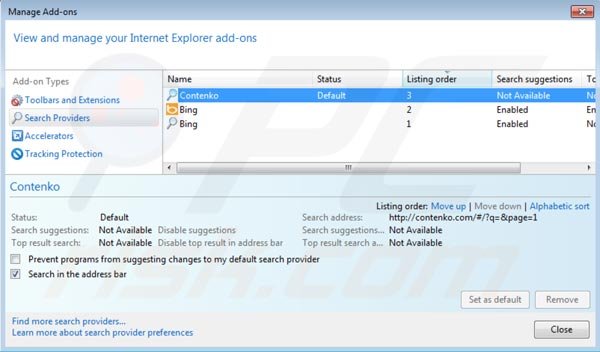 Eliminar contenko.com del motor de búsqueda por defecto de Internet Explorer