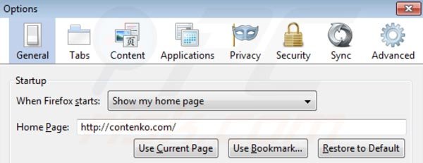 Eliminando contenko.com de la página de inicio de Mozilla Firefox