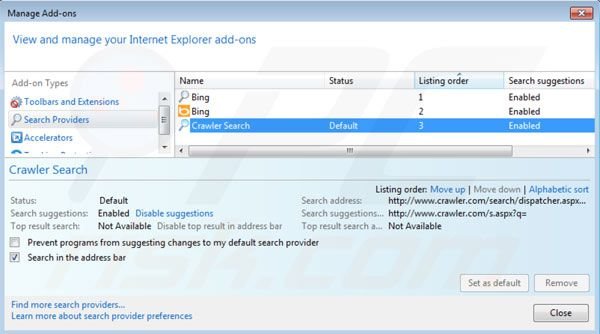 Eliminando crawler.com del buscador configurado por defecto para Internet Explorer