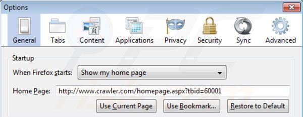 Eliminando crawler.com de la página de inicio de Mozilla Firefox