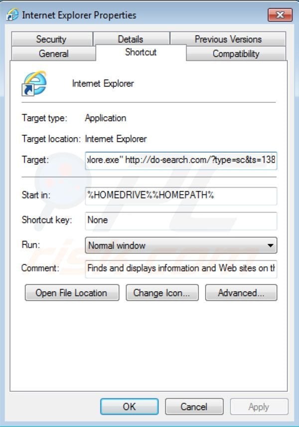 Eliminar Do-search.com del destino del acceso directo de Internet Explorer