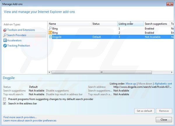 Eliminar Dogpile de la configuración del motor de búsqueda por defecto de Internet Explorer