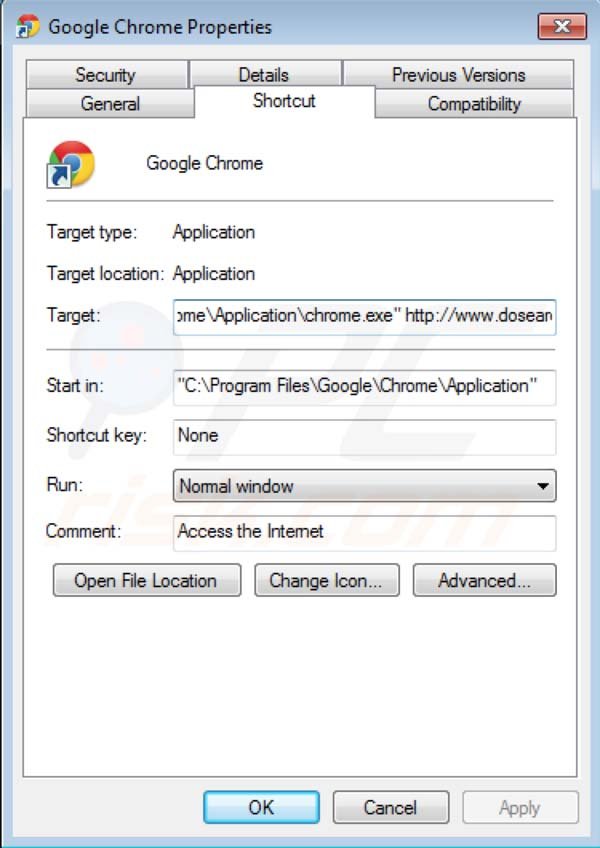 Eliminar Dosearches del destino del acceso directo de Google Chrome
