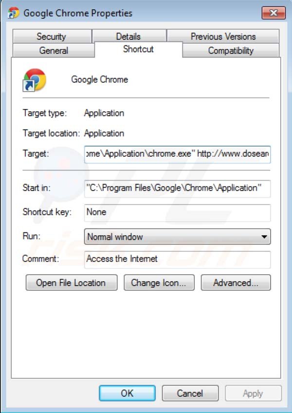 Eliminar Dosearches del destino del acceso directo de Google Chrome
