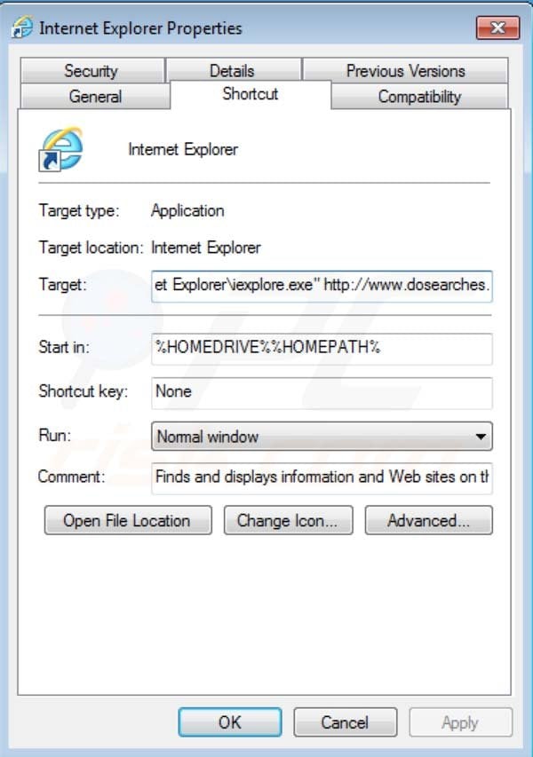 Eliminar Dosearches del destino del acceso directo de Internet Explorer