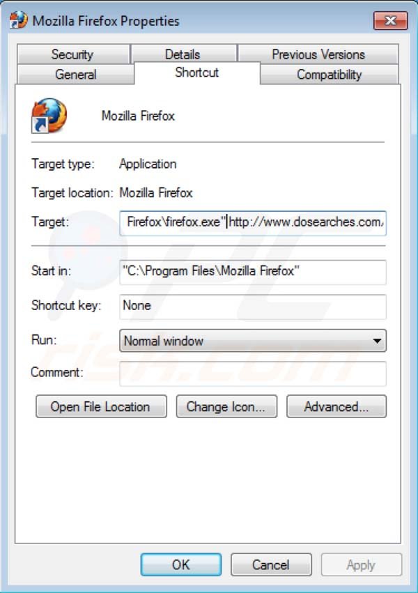 Eliminar Dosearches del destino del acceso directo de Mozilla Firefox