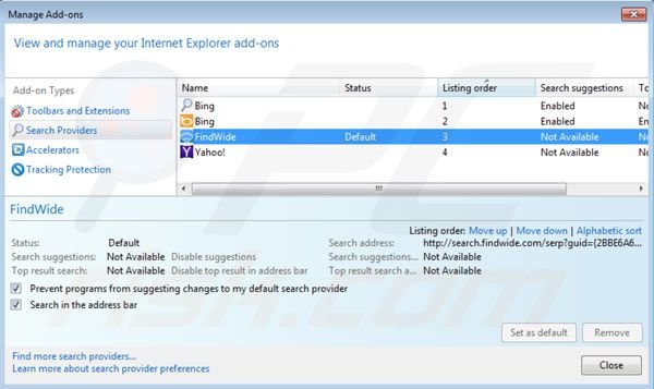 Eliminar search.findwide.com de la configuración del motor de búsqueda por defecto de Internet Explorer