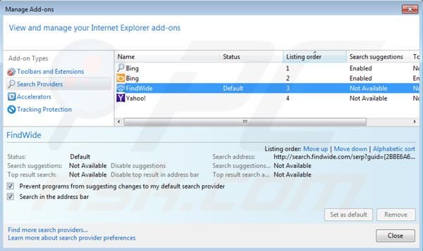 Eliminar search.findwide.com de la configuración del motor de búsqueda por defecto de Internet Explorer