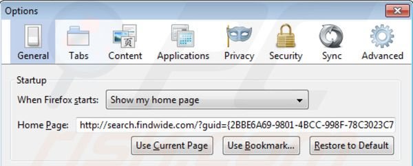 Eliminando findwide.com de la página de inicio de Mozilla Firefox