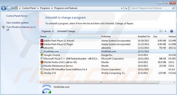 desinstalar search.findwide.com del panel de control