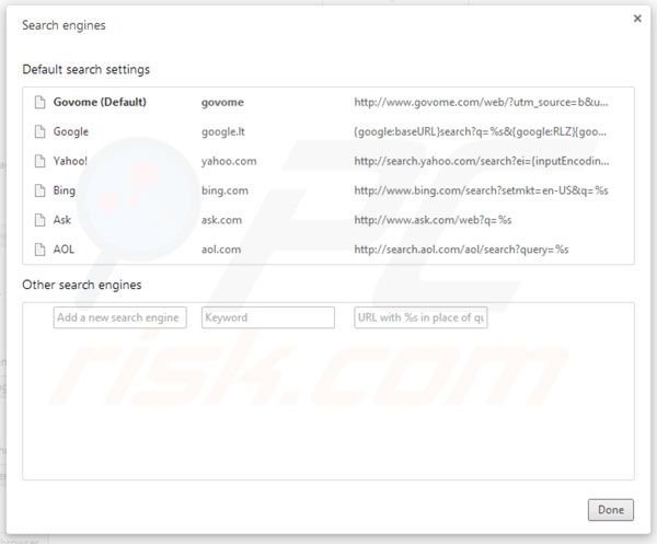 Eliminando Govome de la configuración del motor de búsqueda por defecto de Google Chrome