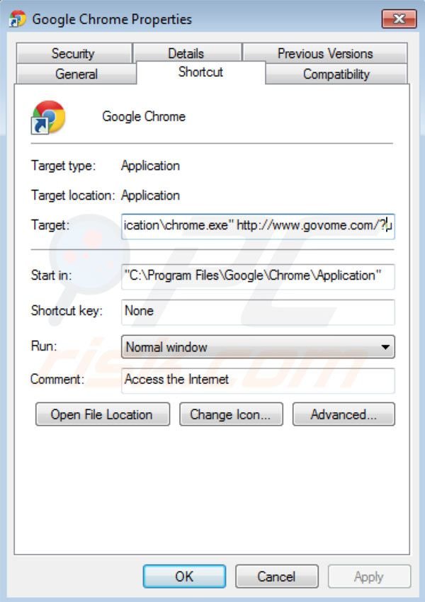Eliminar Govome del destino del acceso directo de Google Chrome