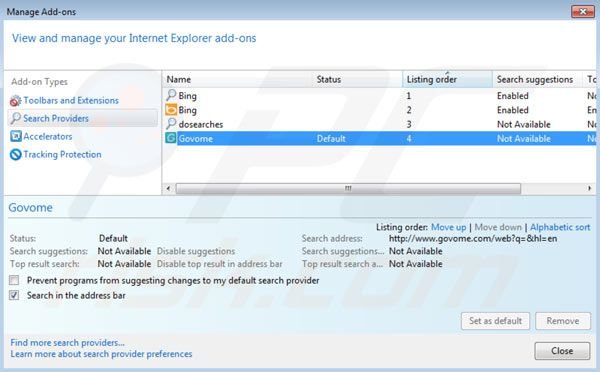 Eliminar Govome de la configuración del motor de búsqueda por defecto de Internet Explorer