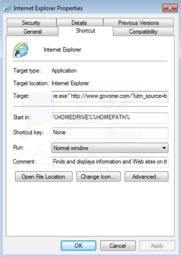 Eliminar Govome del destino del acceso directo de Internet Explorer