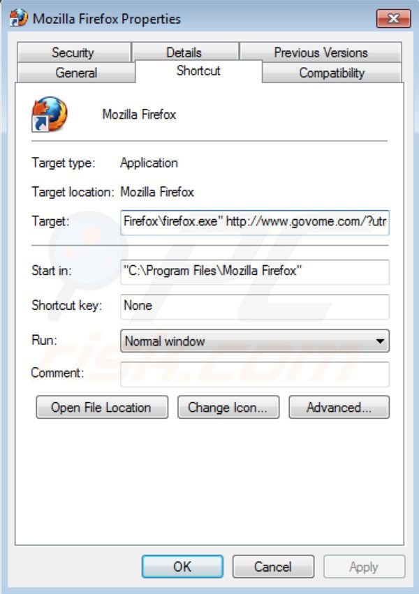 Eliminar Govome del destino del acceso directo de Mozilla Firefox