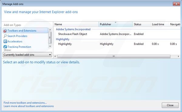 Eliminando Highlightly de las extensiones de Internet Explorer paso 2