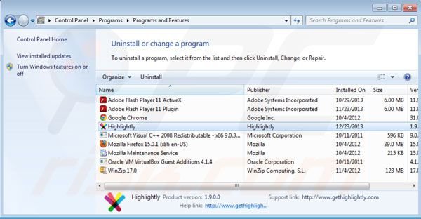 desinstalar Highlightly del Panel de control