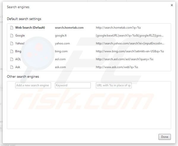 Eliminar Hometab de la configuración del motor de búsqueda por defecto de Google Chrome