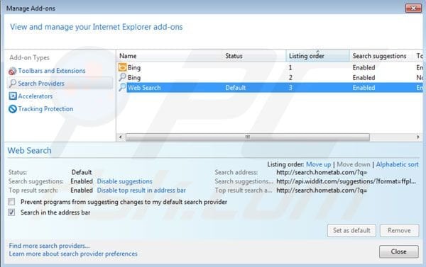 Eliminar Hometab de la configuración del motor de búsqueda por defecto de Internet Explorer