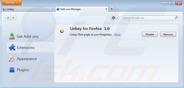 Eliminando linkey de las extensiones de Mozilla Firefox paso 2