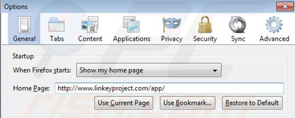 Eliminando linkey project de la página principal de Mozilla Firefox