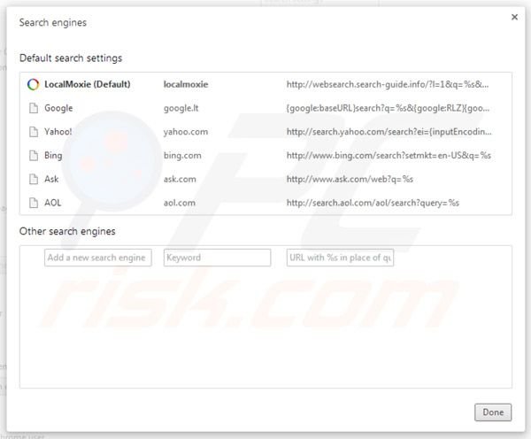 Eliminar Localmoxie de la configuración del motor de búsqueda por defecto de Google Chrome