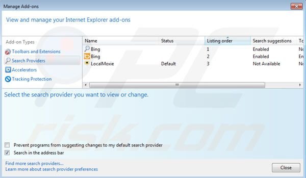 Eliminar Localmoxie de la configuración del motor de búsqueda por defecto de Internet Explorer