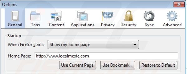 Eliminar Localmoxie de la página de inicio de Mozilla Firefox