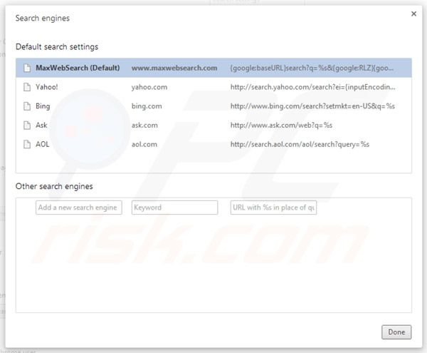 Eliminar maxwebsearch.com de la configuración del motor de búsqueda por defecto de Google Chrome