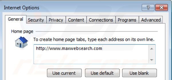 Eliminando Maxwebsearch.com de la página de inicio de Internet Explorer