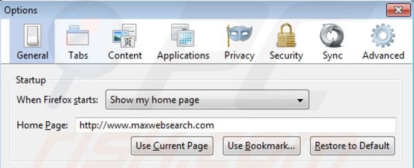 Eliminando maxwebsearch.com de la página de inicio de Mozilla Firefox