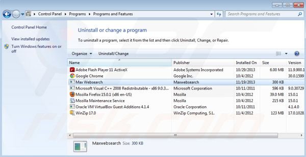 desinstalar Maxwebsearch del Panel de Control