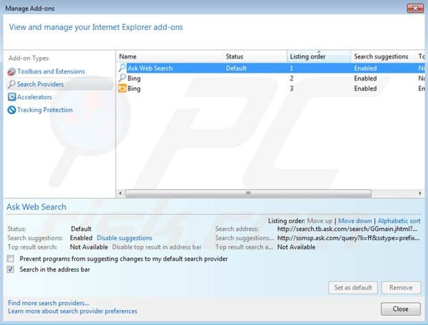 Eliminar la barra de Mindspark de la configuración del motor de búsqueda por defecto de Internet Explorer