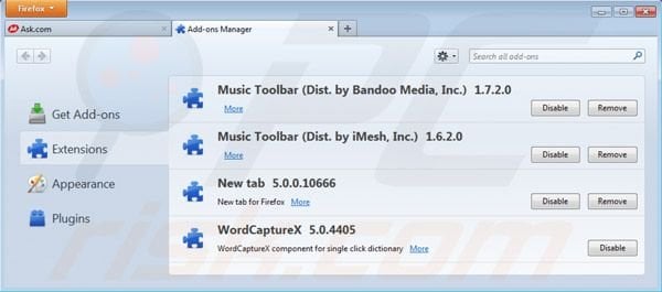 Eliminando la barra Music toolbar de las extensiones de Mozilla Firefox