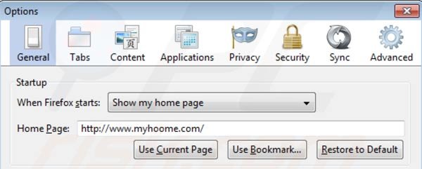 Eliminando Myhoome.com de la página principal de Mozilla Firefox paso 2