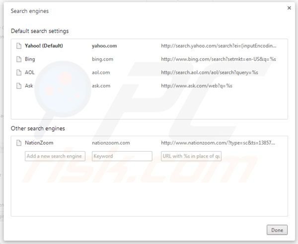 Eliminando nationzoom.com de la configuración del motor de búsqueda por defecto de Google Chrome