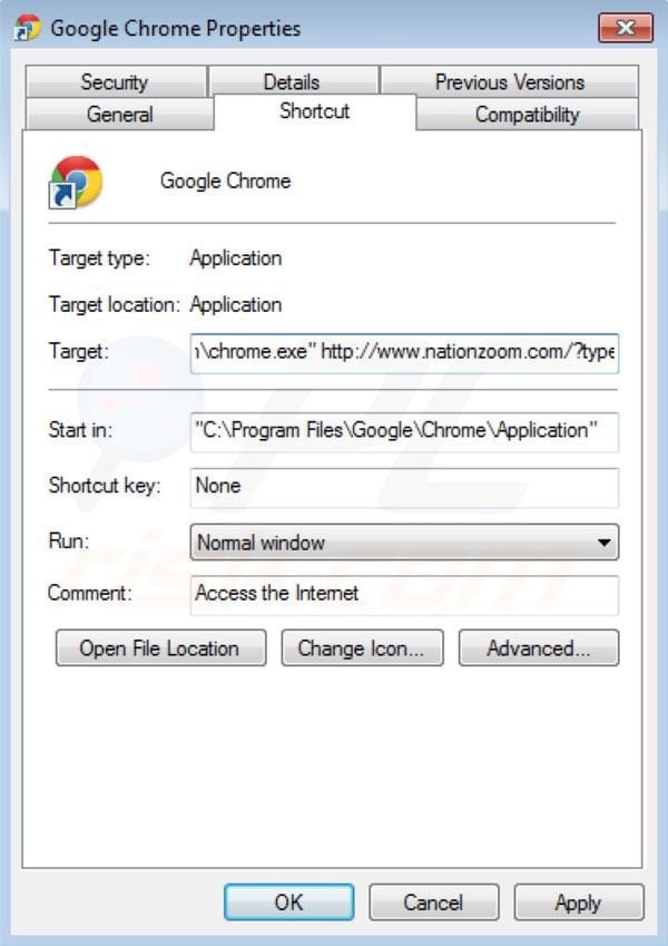 Eliminar nationzoom.com del destino del acceso directo de Google Chrome