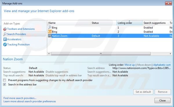 Eliminar nationzoom.com de la configuración del motor de búsqueda por defecto de Internet Explorer