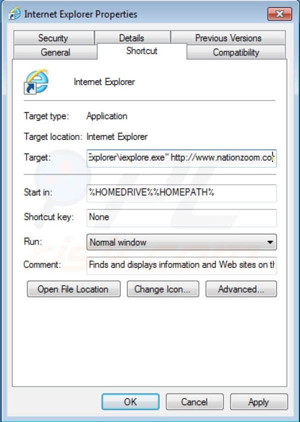 Eliminar Nationzoom.com del destino del acceso directo de Internet Explorer