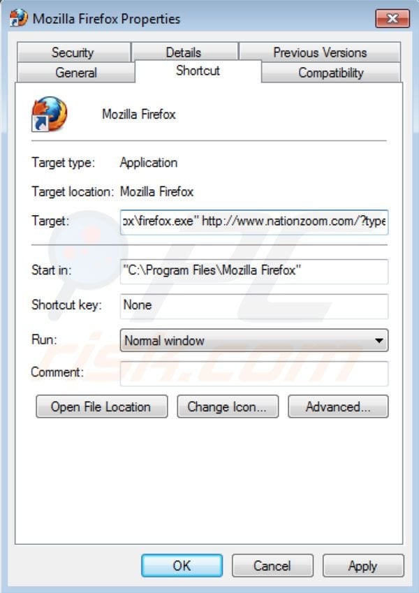 Eliminar nationzoom.com del destino del acceso directo de Mozilla Firefox